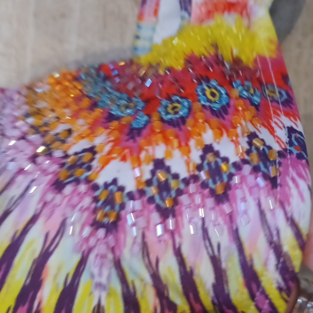 Pilyq Barcelona Multi-Colored Design Print Beaded Front Strappy Bikini Top - Picture 3 of 8